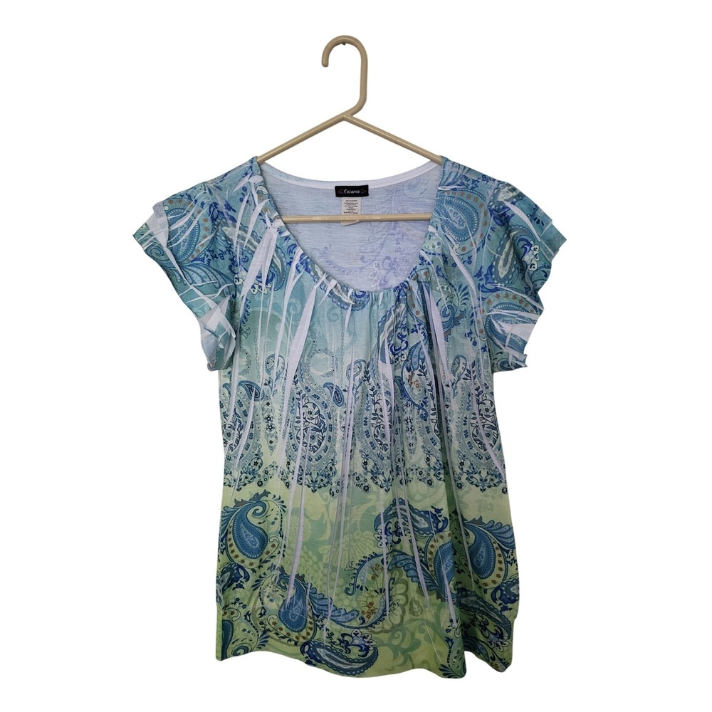 Cocomo Blouse Women L Blue Green Paisley Pleated Scoop Neck Short Sleeve Top
